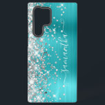 Silver Glitzer Turquoise Blue Girly Signature Samsung Galaxy Hülle<br><div class="desc">Girly Imitate funkelnd silbrige Glitzer Highlights auf der links Kante, über ein Imitat hellen Juwel Ton Aqua und türkisblau ombre brushed Metal-Folie. Die moderne, mädchenhafte Unterschrift besticht durch einen eleganten Schriftart aus weißer Kalligraphie mit dekorativen Schwänzen in vertikaler Form. Passen Sie die Stile des Schriftartes an oder verschieben Sie die...</div>