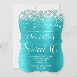 Silver Glitzer Turquoise Blue Luxurious Sweet 16 Einladung