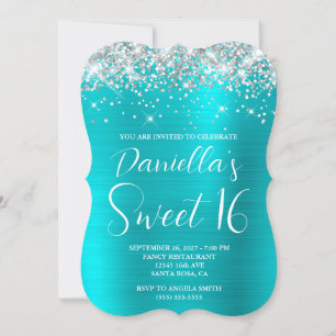 Silver Glitzer Turquoise Blue Luxurious Sweet 16 Einladung