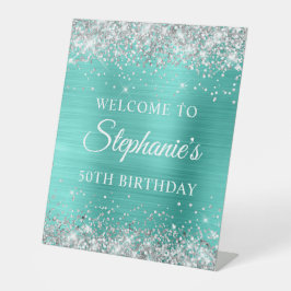 Silver Glitzer Turquoise Foil 50. Geburtstag Sockelschild