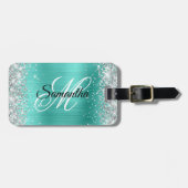Silver Glitzer Turquoise Foil Extravagant Monogram Gepäckanhänger (Vorderseite horizontal)