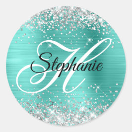 Silver Glitzer Turquoise Foil Extravagant Monogram Runder Aufkleber