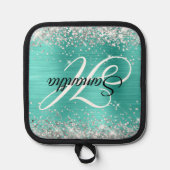 Silver Glitzer Turquoise Foil Extravagant Monogram Topflappen (Vorderseite)