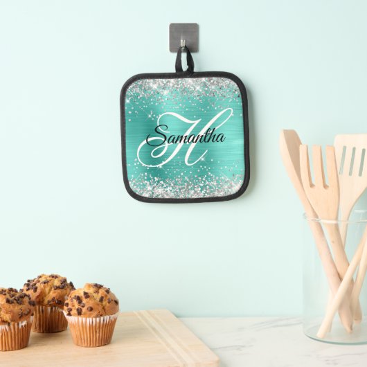 Silver Glitzer Turquoise Foil Extravagant Monogram Topflappen (Insitu (Hängend))