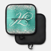 Silver Glitzer Turquoise Foil Extravagant Monogram Topflappen (Vorderseite/Rückseite)