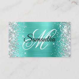 Silver Glitzer Turquoise Foil Extravagant Monogram Visitenkarte
