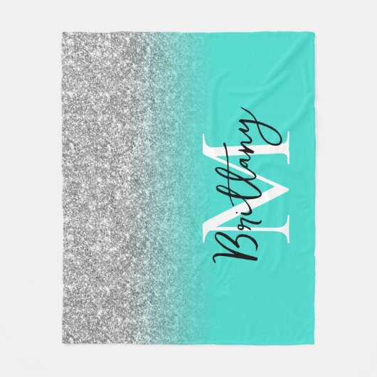 Silver Glitzer Turquoise Ombre Monogram Fleecedecke (Vorderseite)