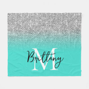 Silver Glitzer Turquoise Ombre Monogram Fleecedecke