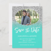 Silver Glitzer Turquoise Ombre Oval Foto Save The Date (Vorderseite)