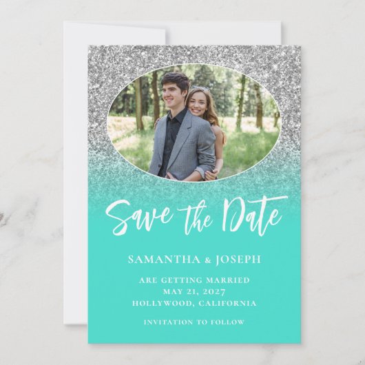 Silver Glitzer Turquoise Ombre Oval Foto Save The Date (Vorderseite)