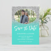 Silver Glitzer Turquoise Ombre Oval Foto Save The Date (Stehend Vorderseite)