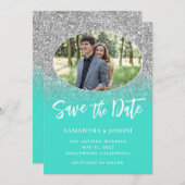Silver Glitzer Turquoise Ombre Oval Foto Save The Date (Vorne/Hinten)