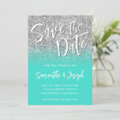 Silver Glitzer Turquoise Ombre Save The Date (Stehend Vorderseite)