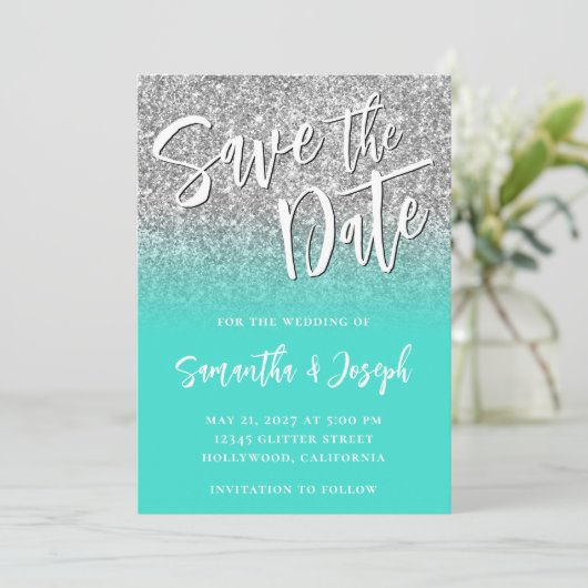 Silver Glitzer Turquoise Ombre Save The Date (Stehend Vorderseite)