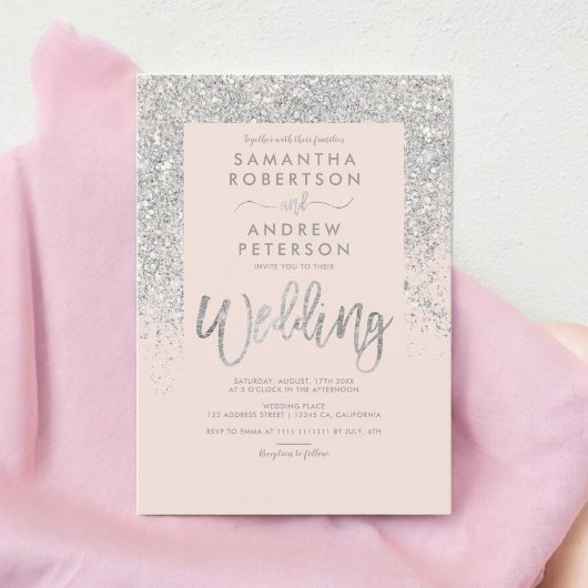 Silver Glitzer Typografie Rosa Hochzeit Einladung