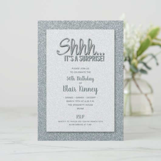 Silver Glitzer ÜBERRASCHUNG Geburtstag Einladung (Stehend Vorderseite)