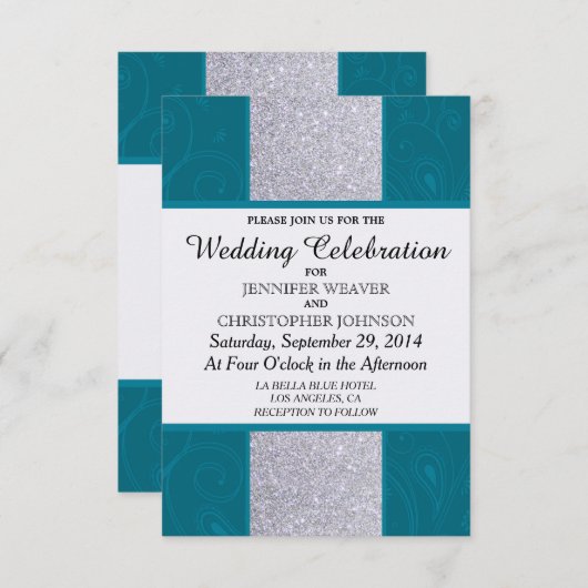 Silver Glitzer und Aqua Aquamarin mit Wirblem Desi Einladung (Vorne/Hinten)