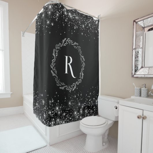 Silver Glitzer und Black elegant Mit Monogramm Duschvorhang (Beispiel)