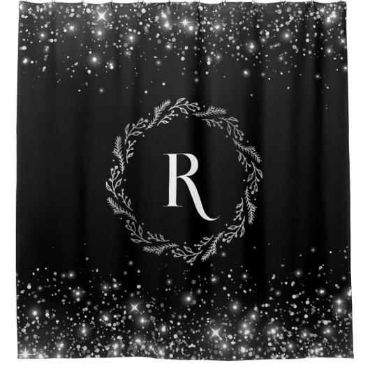 Silver Glitzer und Black elegant Mit Monogramm Duschvorhang (Vorderseite)
