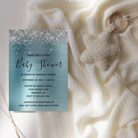 Silver Glitzer und Blue Foil Babydusche Einladung