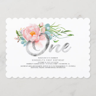 Silver Glitzer und Blush Pink Blume 1. Geburtstag Einladung
