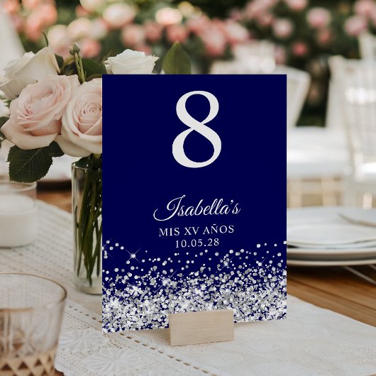 Silver Glitzer und Navy Blue Mis XV Anos Tischnummer