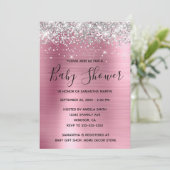 Silver Glitzer und Pink Foil Babydusche Einladung (Stehend Vorderseite)