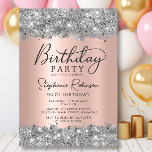 Silver Glitzer und Rose Gold Metal 90. Geburtstag Einladung