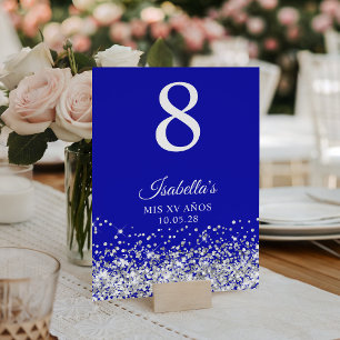 Silver Glitzer und Royal Blue Mis XV Anos Tischnummer