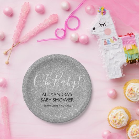 Silver Glitzer und Sparkle Oh Baby! Dusche Pappteller (Party)