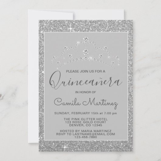 Silver Glitzer und Sparkle Quinceanera Einladung (Vorderseite)