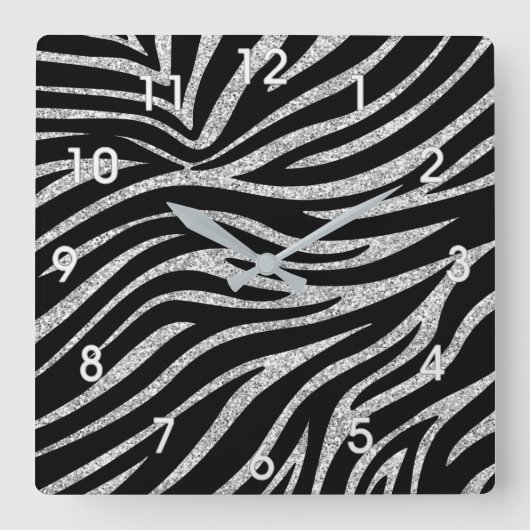 SILVER GLITZER UND ZEBRA STRIPES WALL CLOCK QUADRATISCHE WANDUHR (Vorderseite)