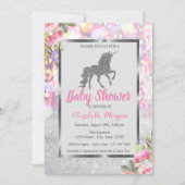 Silver Glitzer Unicorn Bokeh, Floral Baby Dusche Einladung (Vorderseite)
