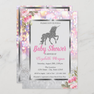 Silver Glitzer Unicorn Bokeh, Floral Baby Dusche Einladung