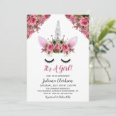 Silver Glitzer Unicorn Princess Baby Dusche Einladung (Stehend Vorderseite)