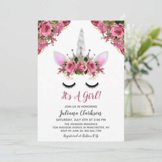 Silver Glitzer Unicorn Princess Baby Dusche Einladung (Stehend Vorderseite)