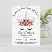 Silver Glitzer Unicorn Princess Birthday Einladung (Stehend Vorderseite)