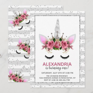 Silver Glitzer Unicorn Princess Birthday Einladung
