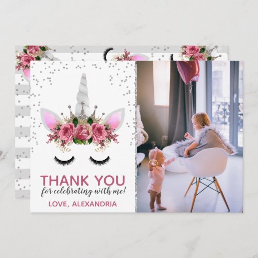 Silver Glitzer Unicorn Princess Danke Einladung (Vorne/Hinten)