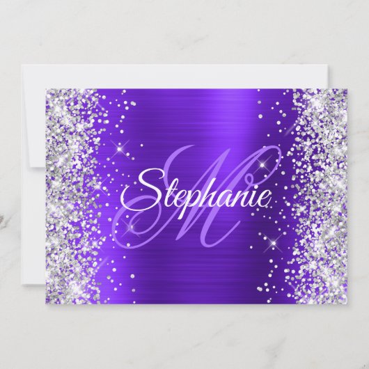 Silver Glitzer Violet Extravagant Monogram 40. Geb Einladung (Rückseite)