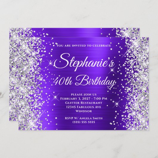 Silver Glitzer Violet Extravagant Monogram 40. Geb Einladung (Vorne/Hinten)