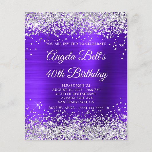 Silver Glitzer Violet Indigo 40. Geburtstag Einlad Flyer (Vorne)
