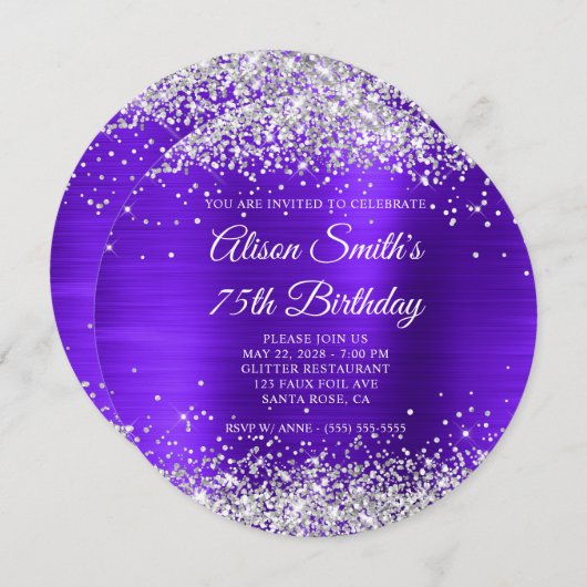 Silver Glitzer Violet Lila Extravagant 75. Geburts Einladung (Vorne/Hinten)