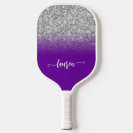 Silver Glitzer Violet Lila Ombre Modernes Script Pickleball Schläger
