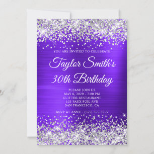 Silver Glitzer Violet Monogram 30. Geburtstag Einladung
