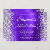 Silver Glitzer Violet Monogramm 21. Geburtstag Einladung (Vorne/Hinten)