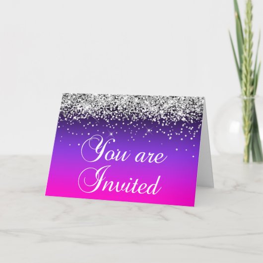 Silver Glitzer Violet Pink Ombre Sie sind eingelad Einladung (Vorderseite)