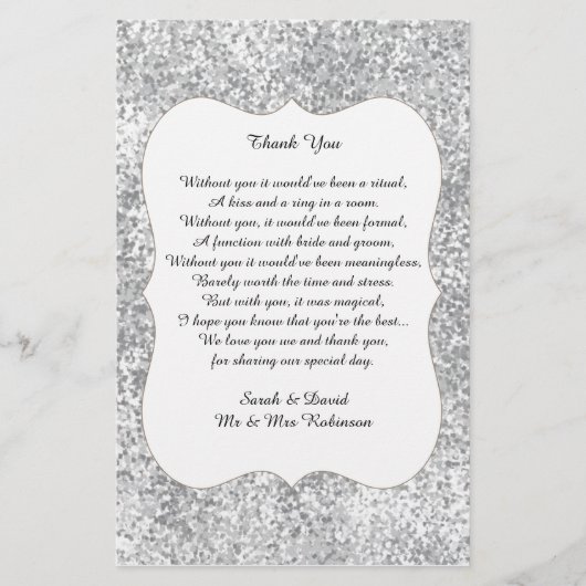Silver Glitzer Wedding Gedicht Vielen Dank für Ihr (Vorderseite)
