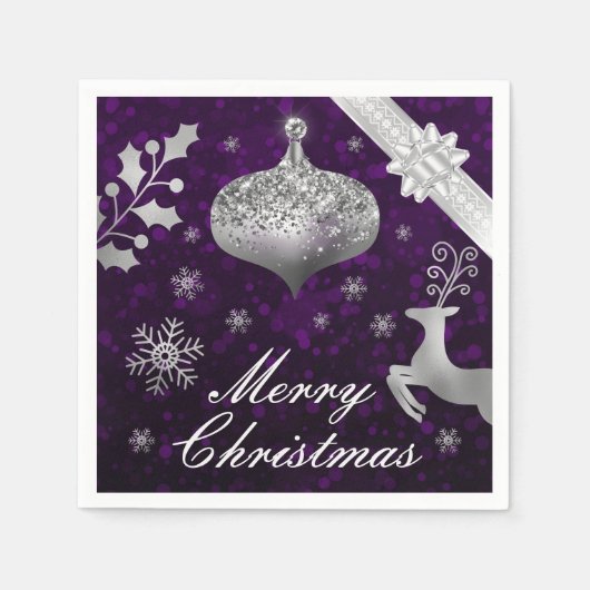 Silver Glitzer Weihnachtsbauble und Ribbon Serviette (Vorderseite)