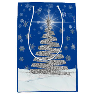 Silver Glitzer Weihnachtsbaum auf blau Mittlere Geschenktüte